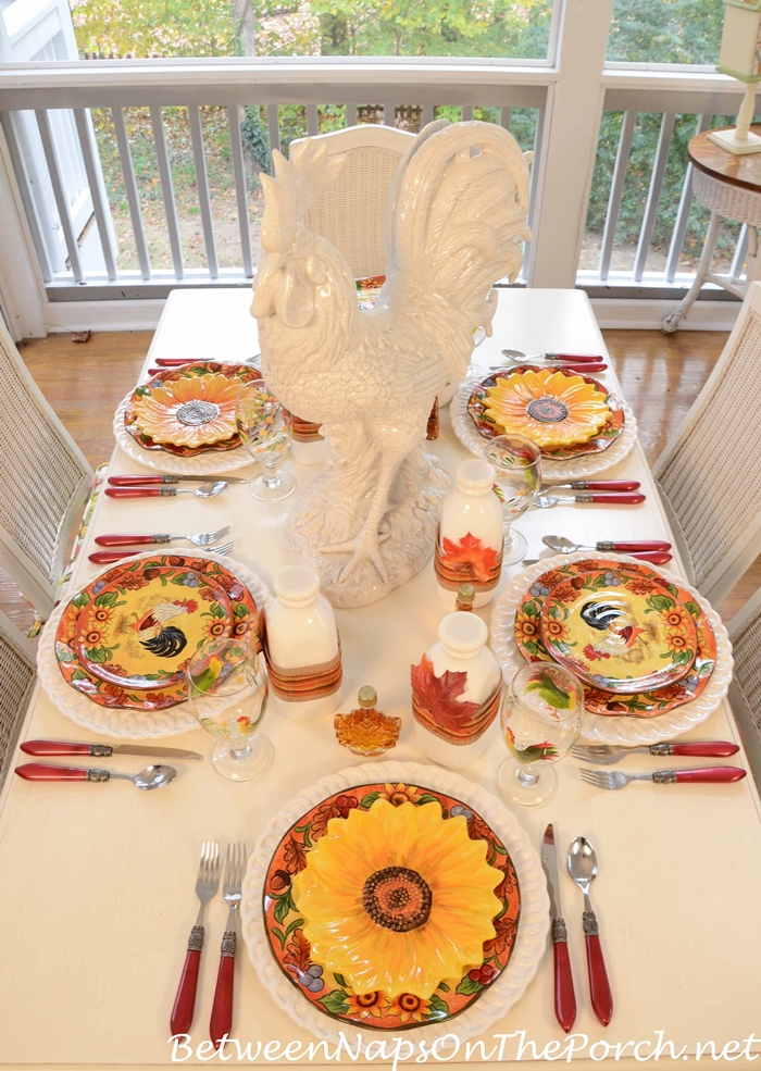 Breakfast Tablescape With Rooster Dishware and Sunflower Plates