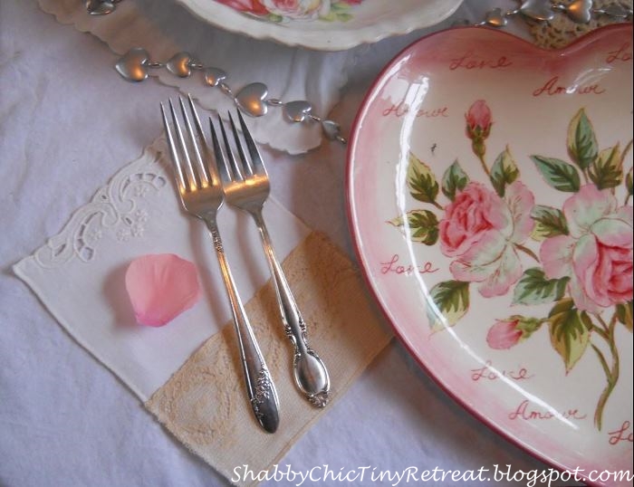 Pink Floral Heart-Shaped Plates and Mismatched Silver For a Shabby Chic Valentine's Day Celebration