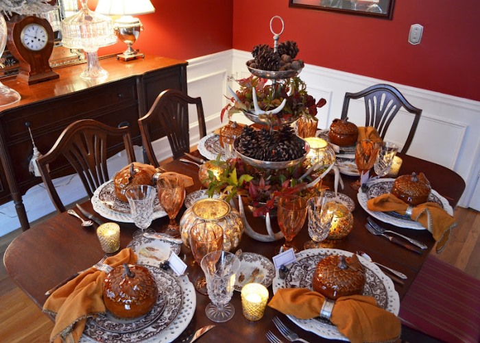 Thanksgiving Tablescape with Natural Centerpiece of Greenery, Antlers and Pinecones