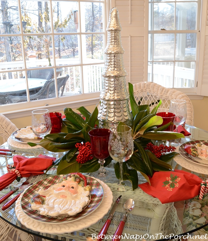 Christmas Table Setting With Mercury Glass Tree Centerpiece