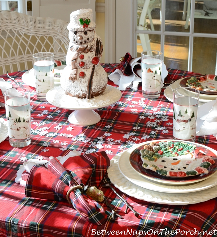 A Winter Tablescape With Snowman Spice Cake Centerpiece – Between