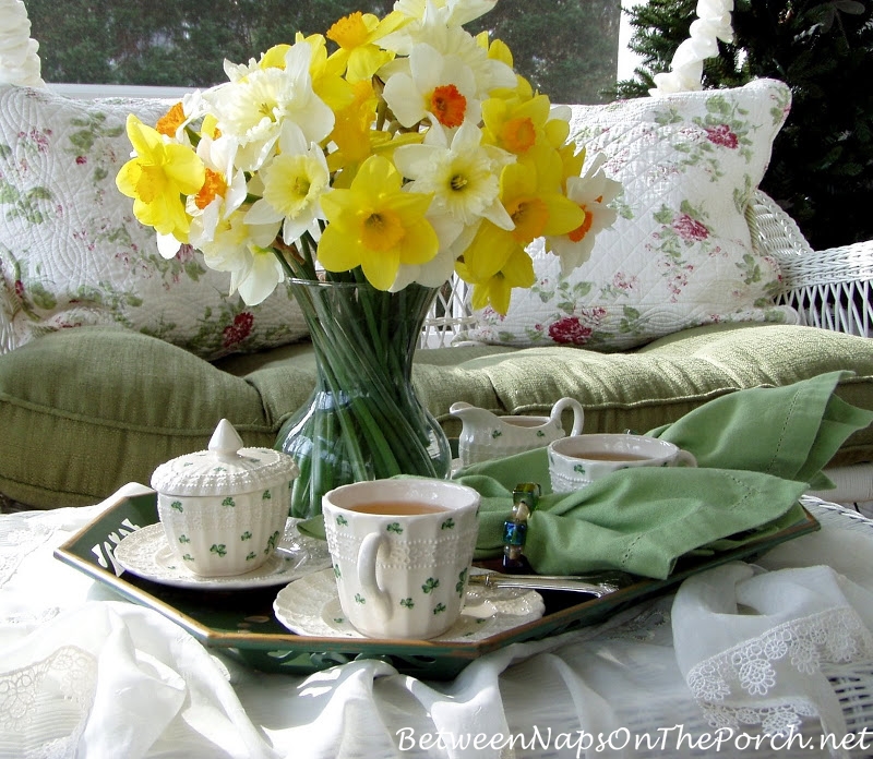 St. Patrick's Day Tea With Daffodils On The Porch