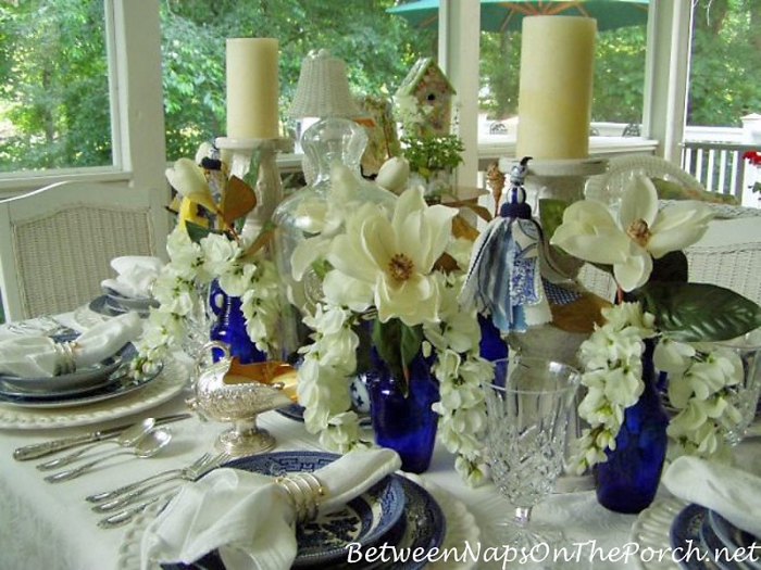 Blue and White Tablescape with Silk Magnolia Blossoms