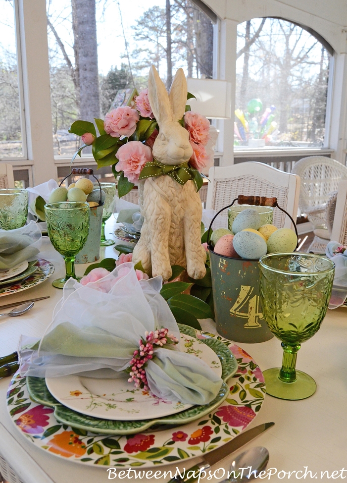 Easter Spring Tablescape with Bunny and Camellia Centerpiece