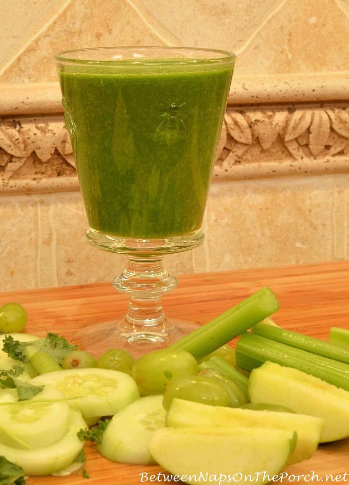 Green Juice Made With Kale, Romaine, Cucumber, Parsley, Celery, Green Apples and Grapes