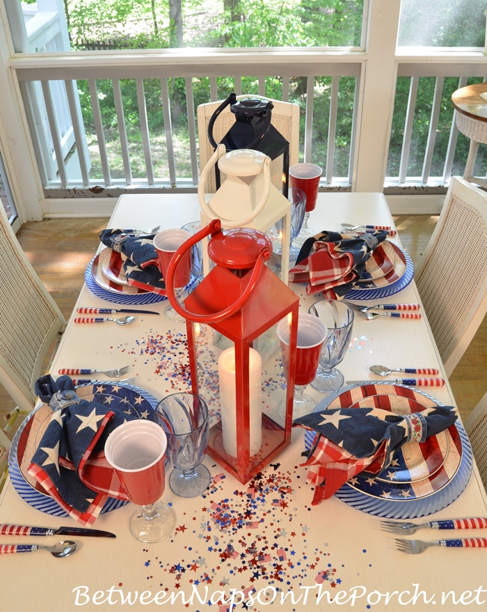 Patriotic Tablescape With Red, White and Blue Dishes and Flatware