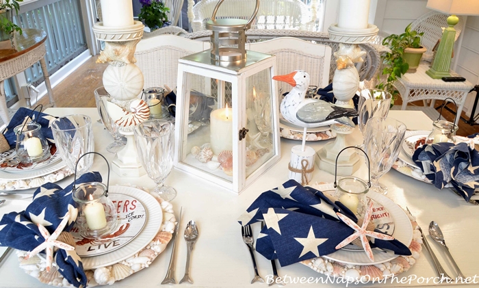 Nautical Tablescape with Shell Chargers and Fish Flatware