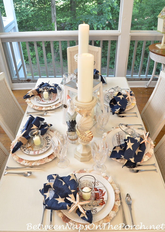 Nautical Tablescape with Shell Chargers and Fish Flatware