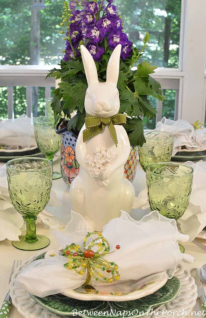 Spring Easter Table Setting With Bunny Delphinium Centerpiece