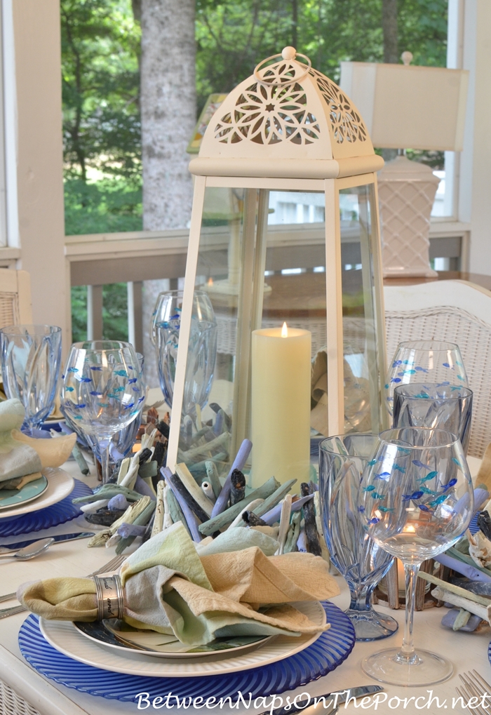 Beach Table Setting With Lighthouse Lantern Centerpiece – Between Naps on  the Porch