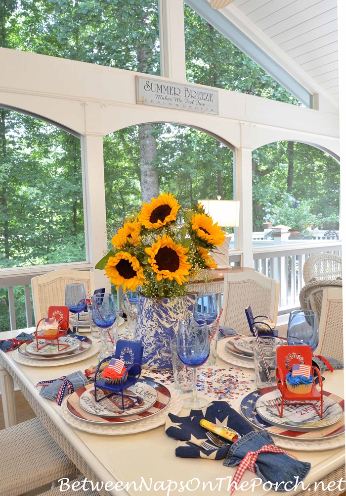 4th of July Table with Sunflower Centerpiece