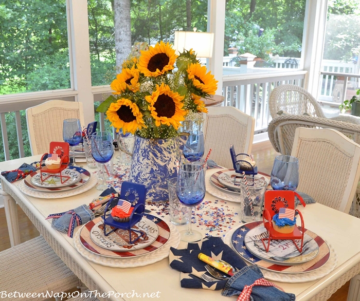 4th of July Table with Warren Kimble Flag Dishware and Sunflower Centerpiece_wm