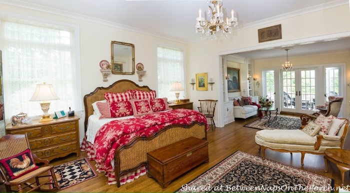 Master Bedroom with French Country Linens in Red Toile and Red Buffalo Check