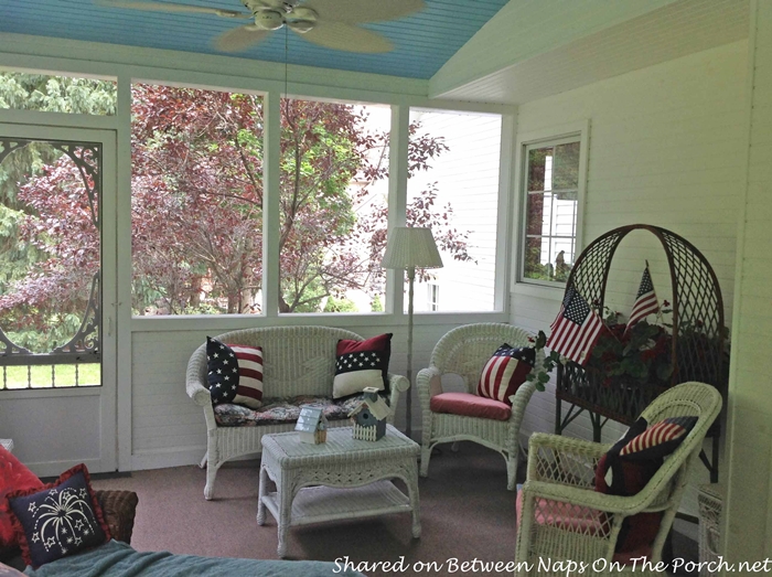 Screened Porch with Haint Blue Ceiling & White Wicker 3