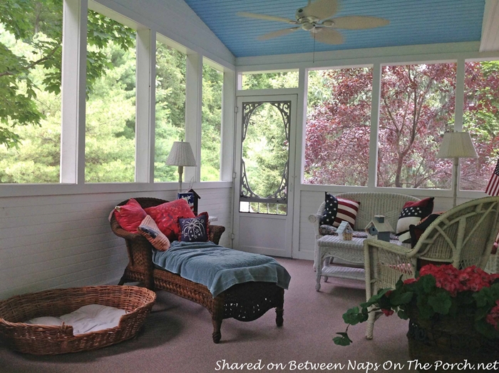 Screened Porch with Haint Blue Ceiling & White Wicker 7