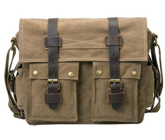 Canvas Leather Bookbag for Laptop & Camera in Light Coffee Color