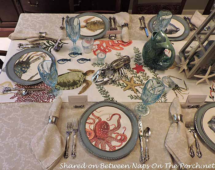 Sea Life Tablescape With Pottery Barn Playa Plates and Table Runner  26