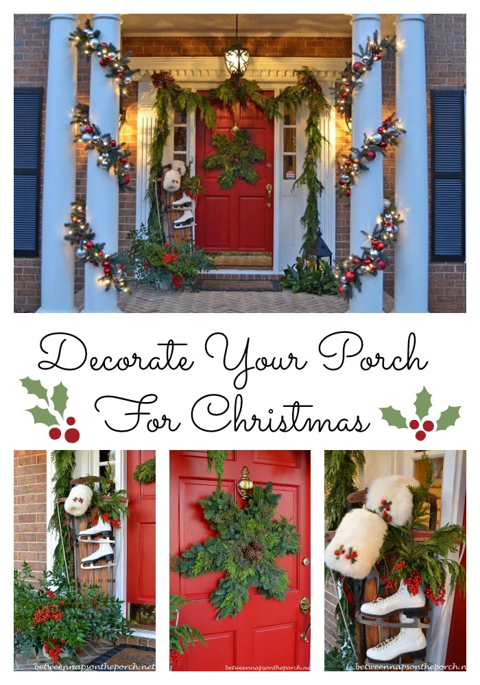 Christmas Porch with Snowflake Wreath, Sled, Ice Skates and Cedar Garland