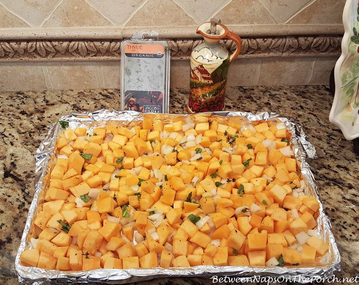 Pumpkin Cut Up and Ready for Roasting In Oven