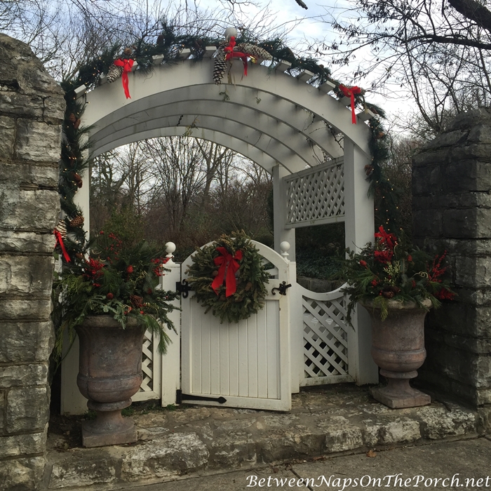 Arbor and Gate Decorated for Christmas