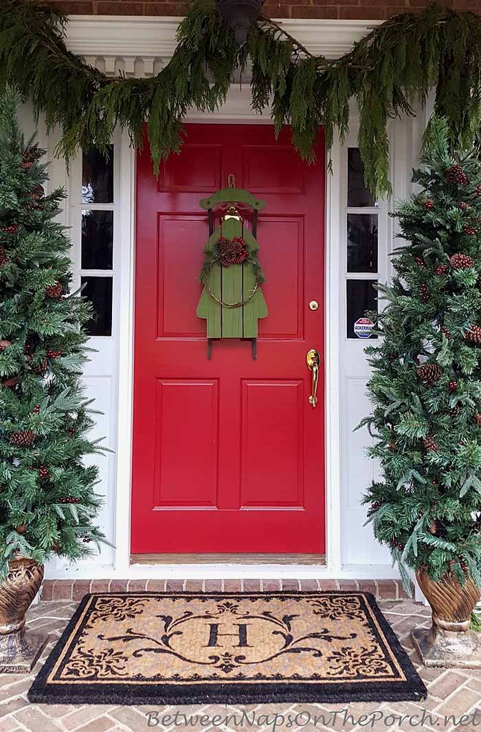 Christmas Porch with Red Door, Monogrammed FrontGate Door Mat