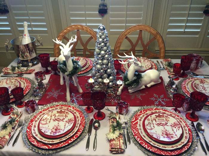 Christmas Table Setting with Bon Jour Yuletide Dinnerware and Deer Centerpiece
