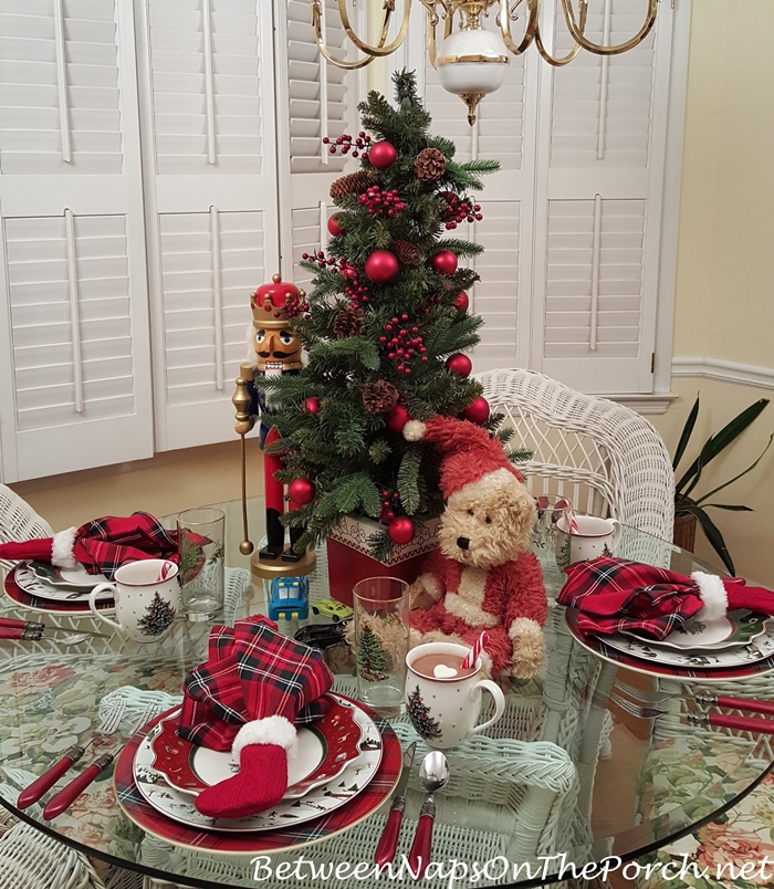 Christmas Tablescape with Toys & Christmas Tree Centerpiece