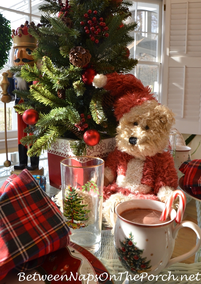 Christmas Tablescape with Toys and Teddy Bear Centerpiece