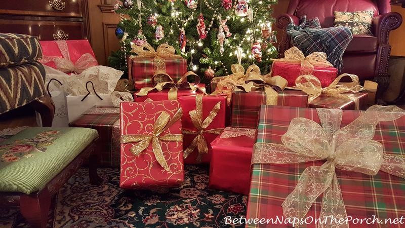 Plaid Christmas Paper with Gold Ribbons and Bows