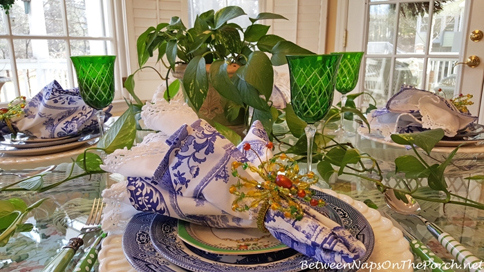 Blue Willow in Green & Blue Table Setting