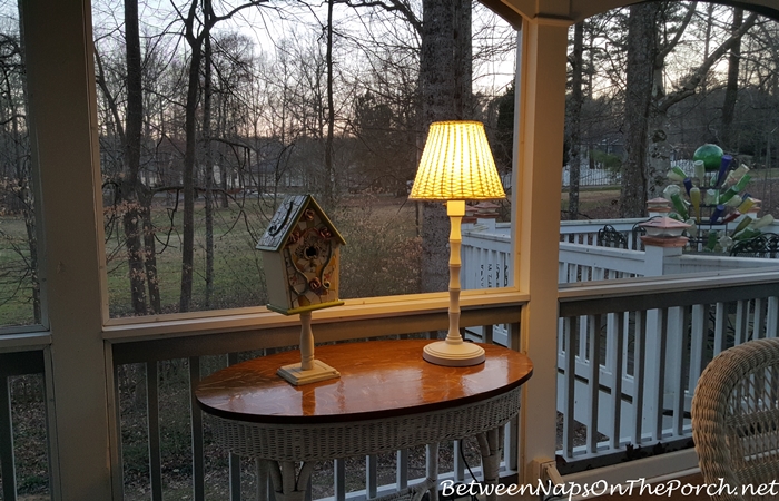 Outdoor Wicker & Bamboo Style Lamp at Dusk