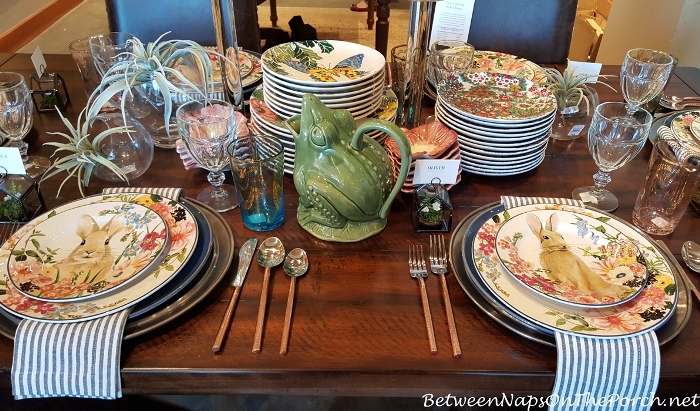 Pottery Barn Floral Bunny Dishware with Frog Pitcher