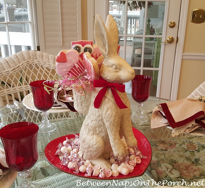Valentine's Day Table Setting with Bunny Centerpiece