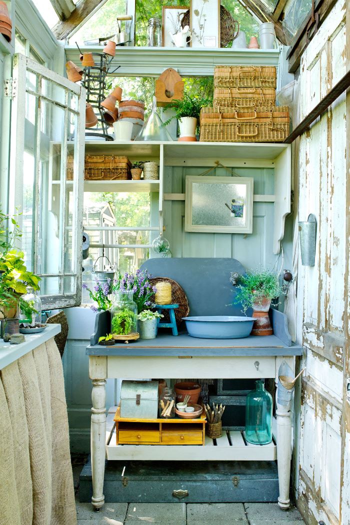 Potting Bench with Running Water in Greenhouse Gardening Shed