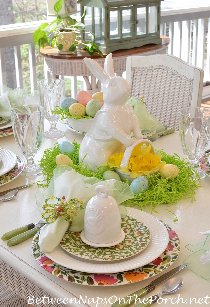 Spring Table with Bunny Centerpiece, Bunny with Two Baskets