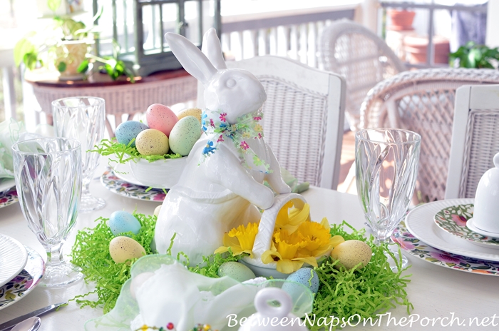 White Bunny with Baskets for Spring Easter Tablescape