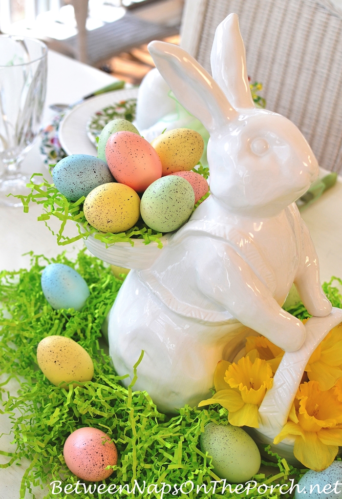 White Ceramic Bunny with Two Baskets