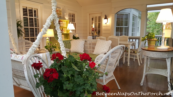 Screened Porch Lit by Lamplight, White Wicker