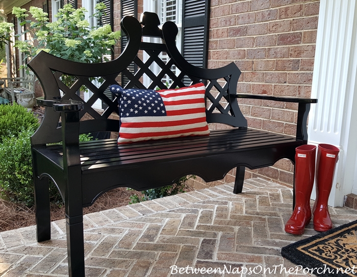 Flag Pillow, Black Bench, Red Hunter Boots