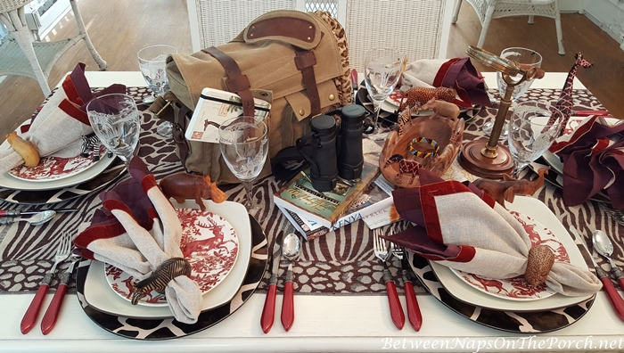 Giraffe Chargers, Animal Napkin Rings, Giraffe Glasses, Safari Tablescape