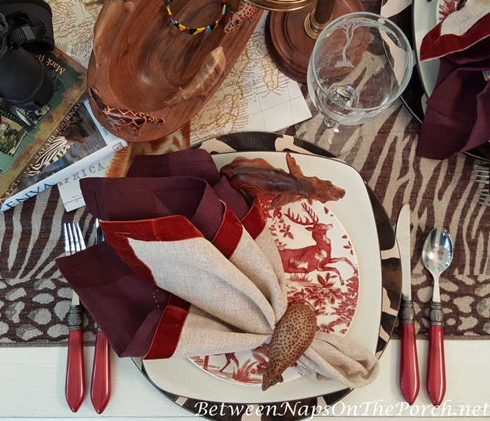 Safari Table Setting with Velvet Edged Linen Napkins