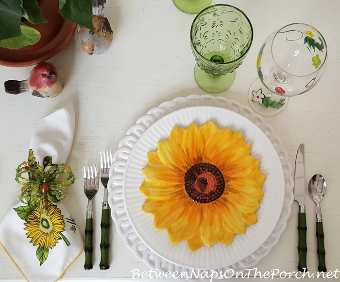 Sunflower Salad Plates, Sunflower Napkins, Spring Tablescape