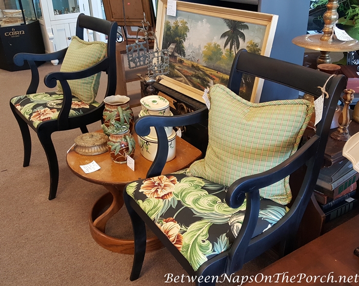 Black Armchairs with Red, Green Floral Fabric