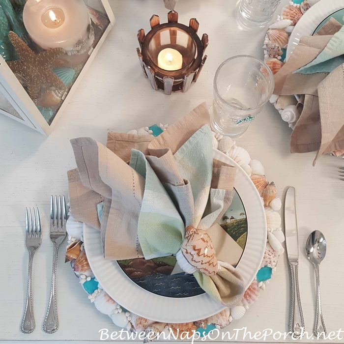 Beach Themed Table with Sailboat Flatware & Shell Napkin Rings