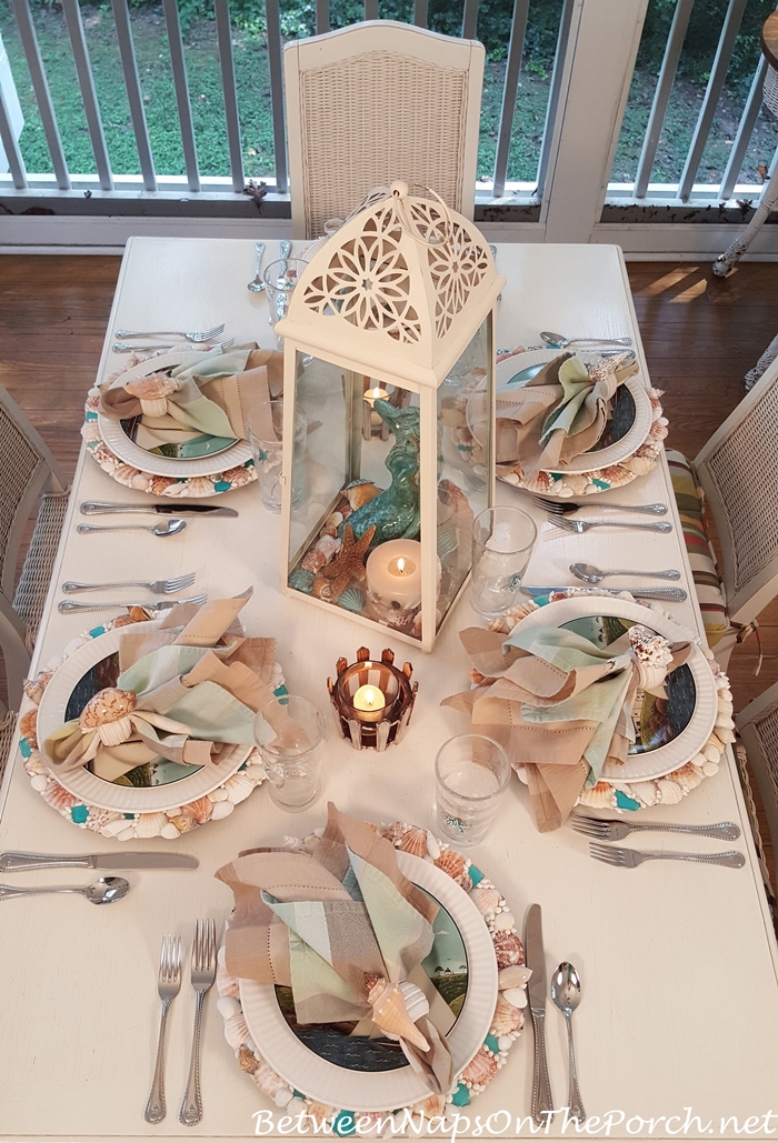 Summer Nautical Table Setting with Shell Chargers, Coastal Breeze Plates & Sailboat Flatware