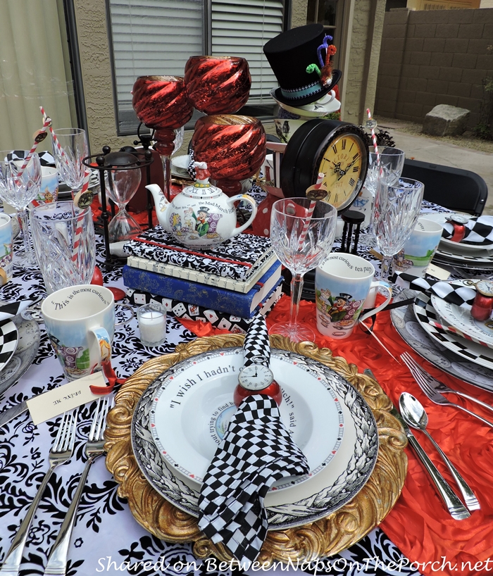 Alice in Wonderland China for Mad Hatter Table with Stacked Teacups, Clocks