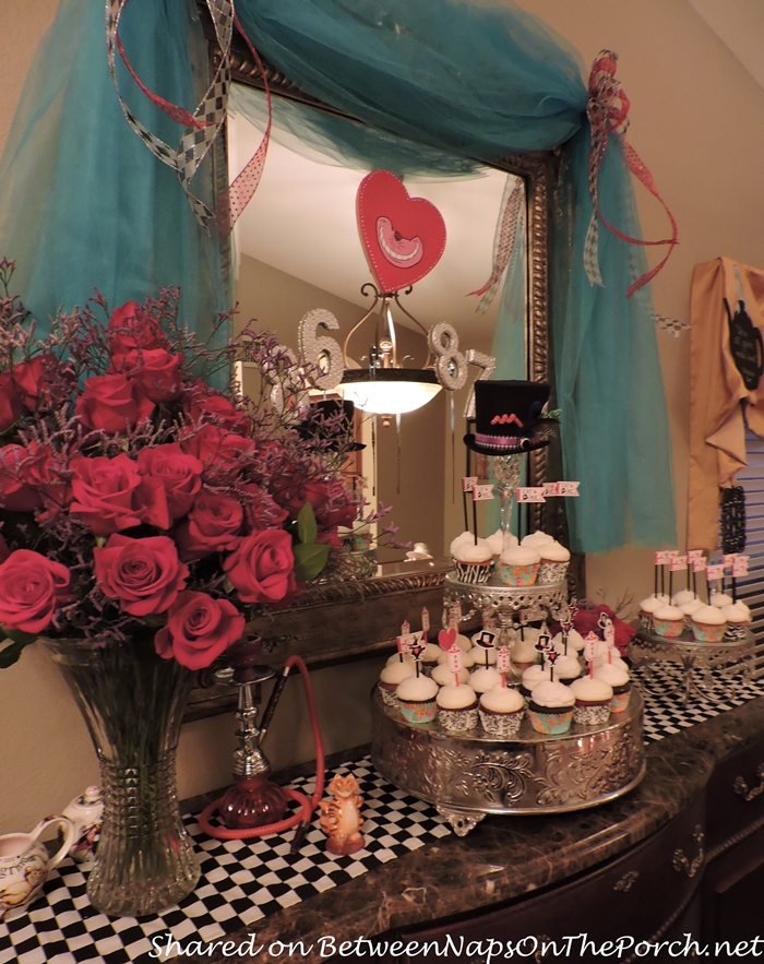 Red Roses and Cupcakes for Alice in Wonderland Dinner Party