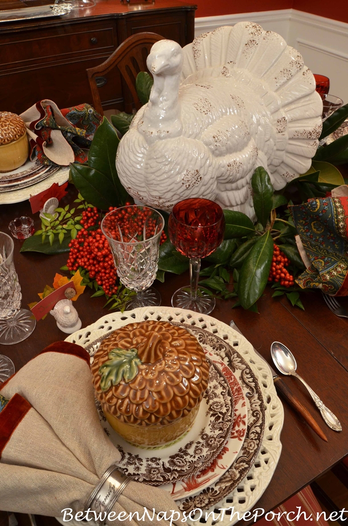 Thanksgiving Table with Spode Woodland, a Turkey Centerpiece and Acorn ...