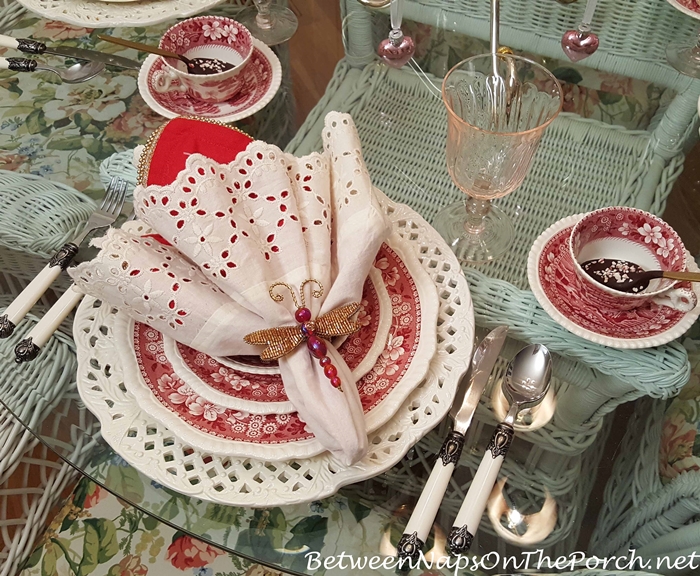 Valentine's Table, Eyelet Napkins, Pierced Chargers, Copeland Spode Tower