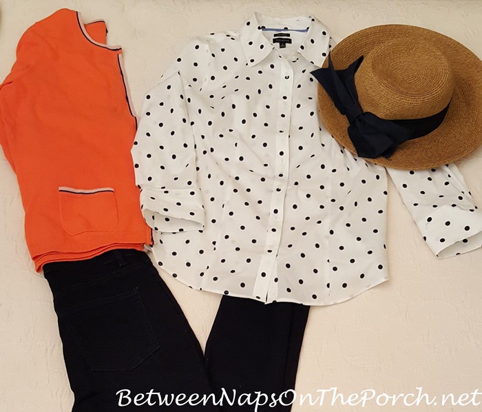 White & Navy Polka Dot Shirt with Orange Cardigan Sweater, Navy Jeggings